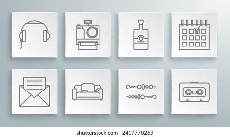 Set line Envelope with invitation card, Photo camera, Sofa, Grilled shish kebab, Retro audio cassette tape, Whiskey bottle, Detailed calendar and Headphones icon. Vector