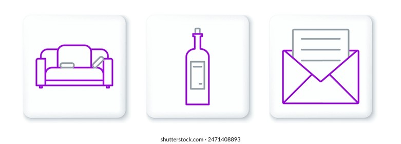 Set line Envelope with invitation card, Sofa and Bottle wine icon. Vector