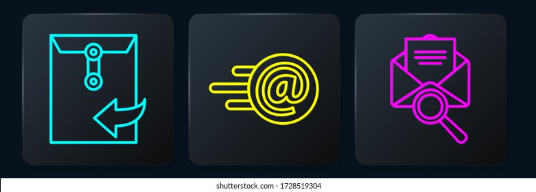 Set line Envelope, Envelope with magnifying glass and Mail and e-mail. Black square button. Vector