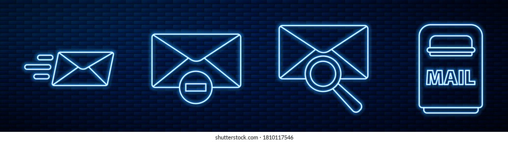 Set line Envelope with magnifying glass, Express envelope, Delete envelope, Mail box and Delete envelope. Glowing neon icon on brick wall. Vector