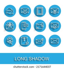 Set line Envelope with magnifying glass, and check mark, Speech bubble chat, Mobile envelope,  and  icon. Vector