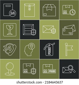 Set line Envelope with magnifying glass, Location marker, Carton cardboard box, Delivery pack security shield, Fragile broken, boxes and  icon. Vector