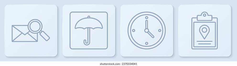 Set line Envelope with magnifying glass, Fast time delivery, Umbrella and Document tracking marker system. White square button. Vector