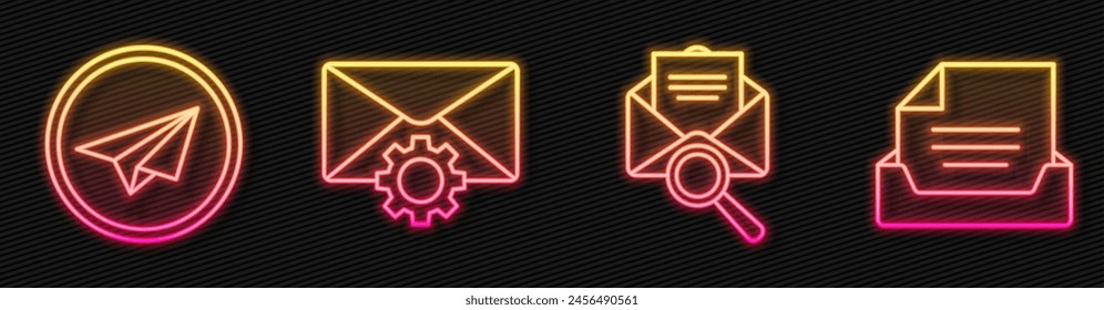 Set line Envelope with magnifying glass, Paper plane, Envelope setting and Drawer with document. Glowing neon icon. Vector