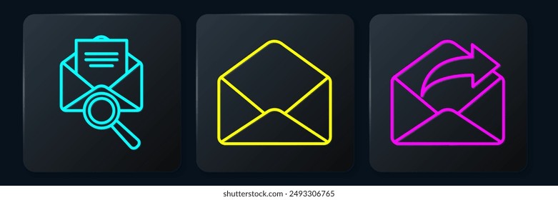 Set line Envelope with magnifying glass, Outgoing mail and Envelope. Black square button. Vector