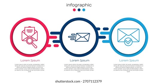 Defina a linha Envelope com lupa, envelope expresso e envelope e marca de seleção. Modelo de infográfico comercial. Vetor