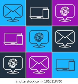 Set line Envelope, Mail and e-mail and Monitor and phone icon. Vector