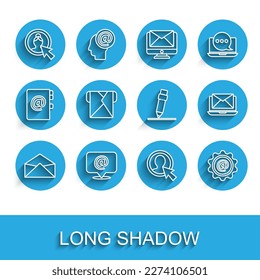 Set line Envelope, Mail and e-mail, Create account screen, Laptop with envelope and Pencil eraser icon. Vector