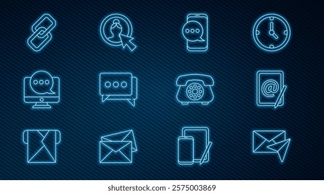 Set line Envelope, Mail and e-mail, Chat messages notification on phone, Speech bubble chat, monitor, Chain link, Telephone and Create account screen icon. Vector