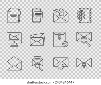 Set line Envelope, Mail message lock password, with magnifying glass, Document and pen, Delete envelope and  icon. Vector