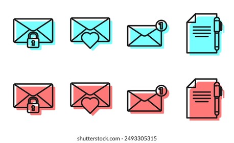 Set line Envelope, Mail message lock password, Envelope with Valentine heart and Document and pen icon. Vector