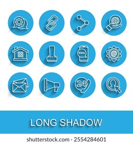 Set line Envelope, Megaphone, Speech bubble chat, Telephone 24 hours support, Create account screen, Stamp, Mail and e-mail and Chat messages notification icon. Vector