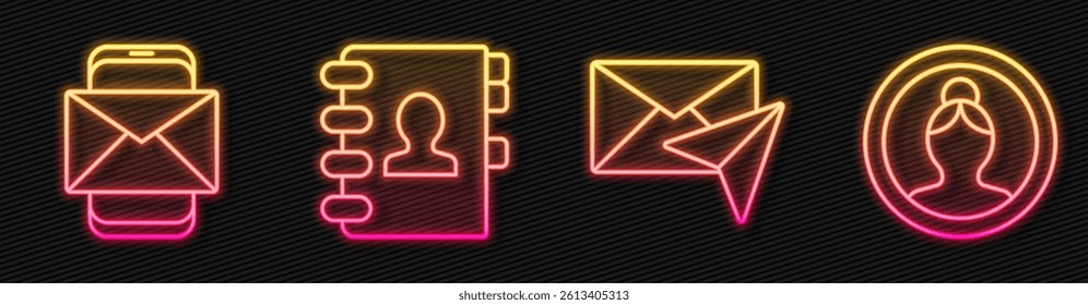 Set line Envelope, Mobile and envelope, Address book and Create account screen. Glowing neon icon. Vector