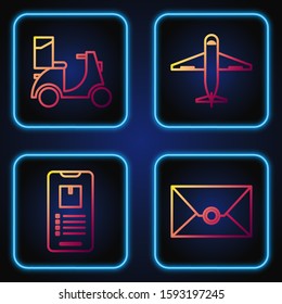 Set line Envelope , Mobile phone with app delivery tracking , Scooter delivery  and Plane . Gradient color icons. Vector