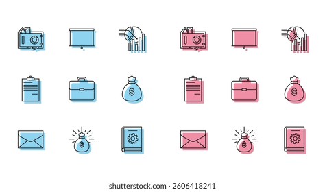 Set line Envelope, Money bag, Safe and money, User manual, Briefcase, Document and Chalkboard icon. Vector