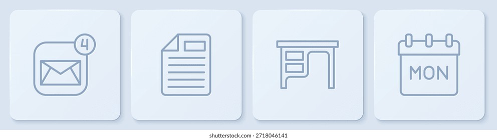 Defina a linha Envelope, Office desk, File document e Calendar. Botão quadrado branco. Vetor