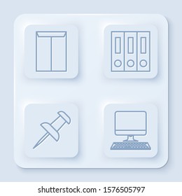 Set line Envelope, Office folders with papers and documents, Push pin and Computer monitor with keyboard. White square button. Vector