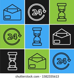 Set line Envelope, Old hourglass with flowing sand and Clock 24 hours icon. Vector