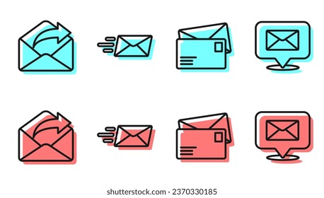 Set line Envelope, Outgoing mail, Express envelope and Speech bubble with envelope icon. Vector