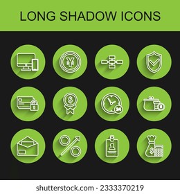 Ajuste de línea sobre, flecha de porcentaje hacia arriba, monitor de computadora y teléfono móvil, insignia de identificación, Calculadora con bolsa de dinero, Recompensa por buen trabajo, Monedas de billetera e icono de reloj 24 horas. Vector