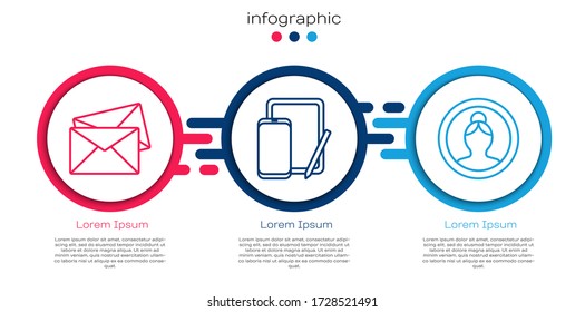 Establece la pantalla Envelope de línea, Phone y tablet gráfica y Create account. Plantilla de infografía de negocios. Vector