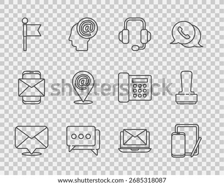 Set line Envelope, Phone and graphic tablet, Headphones, Speech bubble chat, Location marker, mail e-mail, Laptop with envelope and Stamp icon. Vector