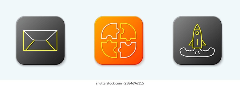 Set line Envelope, Piece of puzzle and Rocket icon. Vector