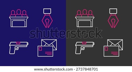 Set line Envelope, Pistol or gun, Fountain pen nib and Jurors icon. Vector