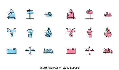 Set line Envelope, Plane, Scale with cardboard box, Post truck, Coffee cup, Delivery drone the package and Open mail icon. Vector