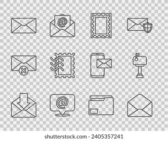 Set line Envelope, Postal stamp, Mail and e-mail on speech bubble, Document folder and box icon. Vector
