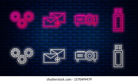 Set line Envelope, Presentation, movie, film, media projector, Gear and USB flash drive. Glowing neon icon on brick wall. Vector