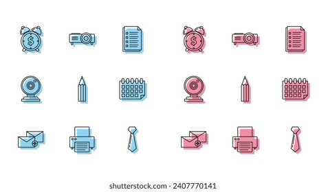 Set line Envelope, Printer, Alarm clock with dollar symbol, Tie, Pencil, Calendar, Web camera and Presentation, movie, film, media projector icon. Vector