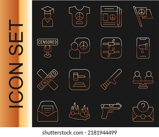 Set Line Envelope With Question Mark, Gender Equality, Protest, News, Peace Talks, Censored Stamp, Graduate And Graduation Cap And Barbed Wire Icon. Vector