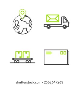 Set line Envelope, Railway carriage, Post truck and Worldwide icon. Vector