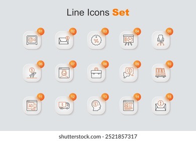 Set line Envelope, Resume, Business man planning mind, Armored truck, Advertising, Office folders, negotiations and Briefcase icon. Vector