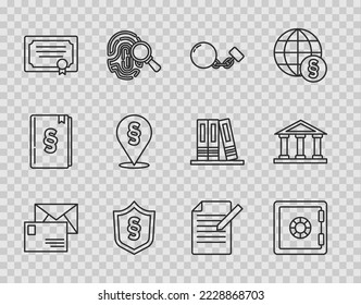 Set line Envelope, Safe, Ball on chain, Justice law shield, Certificate template, Location, Document and pen and Courthouse building icon. Vector