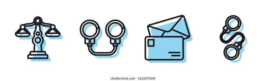 Set line Envelope, Scales of justice, Handcuffs and Handcuffs icon. Vector