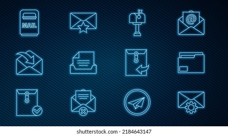 Set line Envelope setting, Document folder, Mail box, Drawer with document,  and star icon. Vector