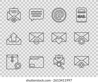 Set line Envelope setting, Received message concept, Mail and e-mail, Document folder, Delete envelope, with magnifying glass and  icon. Vector