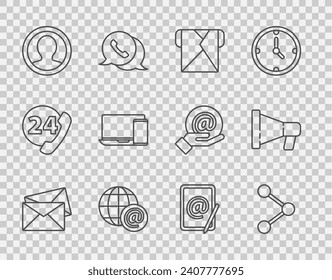 Set line Envelope, Share, Earth globe with mail, Create account screen, Monitor and phone, Mail e-mail and Megaphone icon. Vector