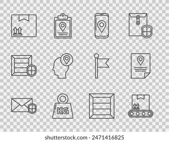 Set line Envelope with shield, Conveyor belt cardboard box, Mobile app delivery tracking, Weight, Cardboard traffic symbol, Delivery man boxes, Wooden and Document marker system icon. Vector