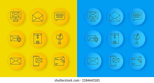 Set line Envelope, with shield, Delete envelope, Mail box, Monitor and, Speech bubble chat and  icon. Vector