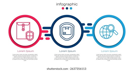 Set line Envelope with shield, Delivery pack security with shield and Magnifying glass with globe. Business infographic template. Vector