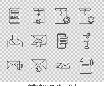 Set line Envelope with shield, Document and pen, setting, check mark, Mail box, star, Express envelope and  icon. Vector