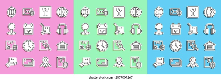 Ajuste el sobre de línea con el escudo, almacén, auriculares, frágil vidrio roto, marca de verificación Calendario, clavija de empuje, camión a nivel mundial y mano e icono de cajas. Vector