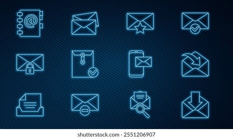 Set line Envelope, with star, and check mark, Mail message lock password, Address book, Mobile envelope and  icon. Vector