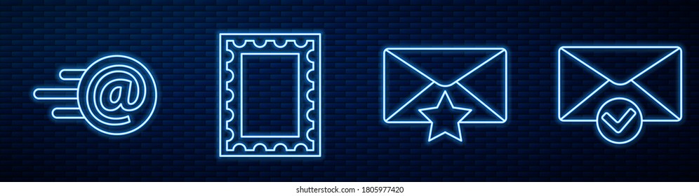 Set line Envelope with star, Mail and e-mail, Postal stamp, Envelope and check mark and Envelope setting. Glowing neon icon on brick wall. Vector