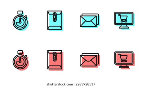 Set line Envelope, Stopwatch,  and Shopping cart on computer icon. Vector