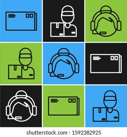 Set line Envelope , Support operator in touch and Delivery man with cardboard boxes  icon. Vector