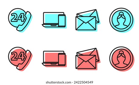 Establecer la línea Envelope, el soporte telefónico las 24 horas, Monitor y teléfono e icono de la pantalla Crear cuenta. Vector